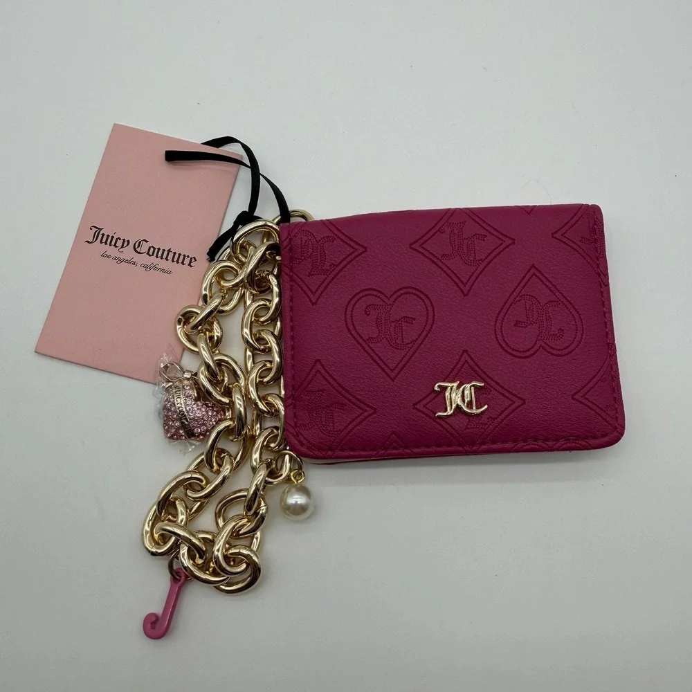 NWT Juicy Couture Top Notch Card Wallet Gold Charms Wristlet Raspberry Tart